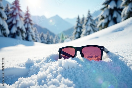 Snowy landscape with sunglasses buried in the powder snow, whiteout, cold photo