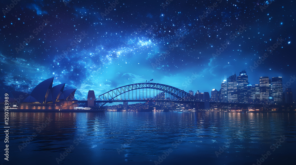 Naklejka premium Surreal sydney harbour bridge: dreamlike cityscape at dawn. Cosmic Bridge. Illustration