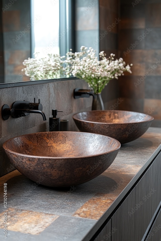 A pair of bowls sitting on top of a kitchen counter A pair of bowls sitting on top of a kitchen counter