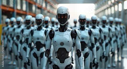 Wallpaper Mural Futuristic robots form line in industrial setting. Leader robot in front. Robots standing in row in factory. Advanced technology concept. AI, robotics team. Cybernetic machines look determined. Torontodigital.ca