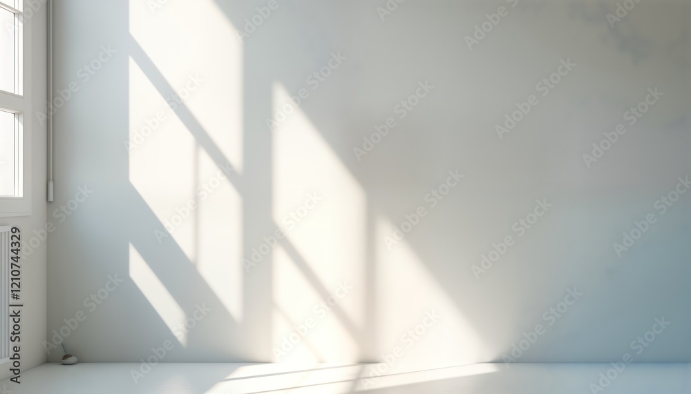 Obraz premium Empty room with light grey wall, sunlight shadows. Simple interior design. Suitable for product presentation design concept. Bright, modern interior. Ideal for minimalist styles. Natural light casts