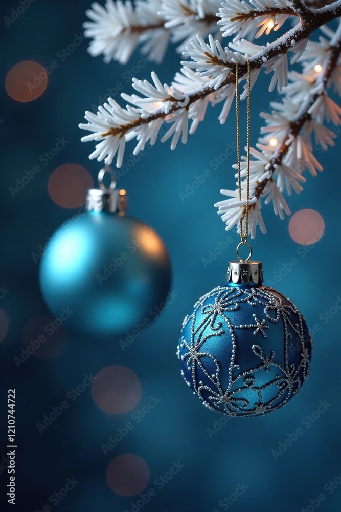 Blue and silver ornaments hanging from a branch, shine, twinkle, silver Blue and silver ornaments hanging from a branch, shine, twinkle, silver