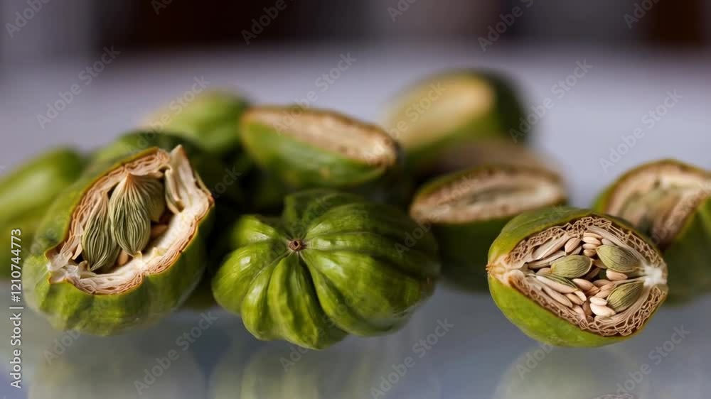 Green Cardamom Pods Split Open Showing Seeds
Green Cardamom Pods Split Open Showing Seeds