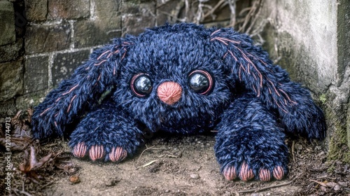 Dark blue, fluffy, creature, plush toy, resting outdoors, surrounded by fallen leaves and dirt, vintage look, stitched details. photo