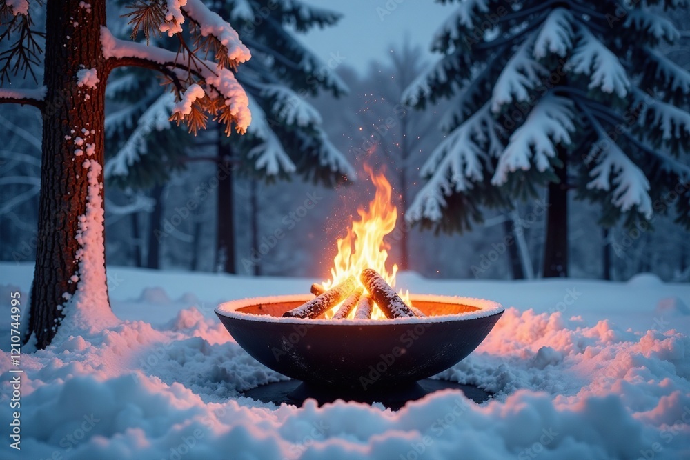 Snow-covered branches and trees surrounding a crackling fire pit, flames, serene Snow-covered branches and trees surrounding a crackling fire pit, flames, serene
