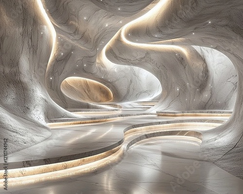 Abstract futuristic interior with glowing marble walls and curved pathways.