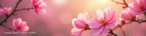 Soft pink blooms dance in gentle morning breeze, gentle light, soft focus