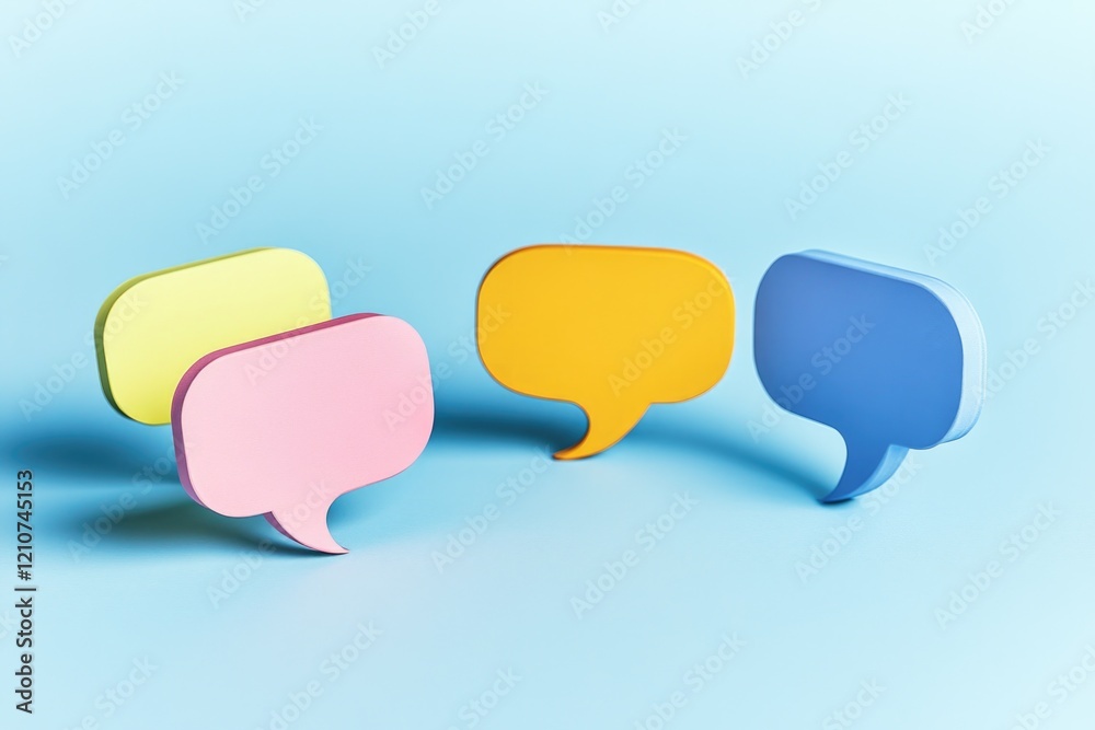 Three colorful speech bubbles on a blue background, perfect for illustrations or designs Three colorful speech bubbles on a blue background, perfect for illustrations or designs