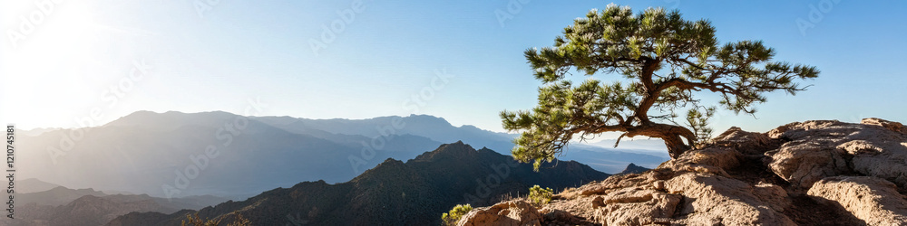 Panoramic View of Pine Tree on Mountaintop Overlooking Distant Mountain Range Panoramic View of Pine Tree on Mountaintop Overlooking Distant Mountain Range