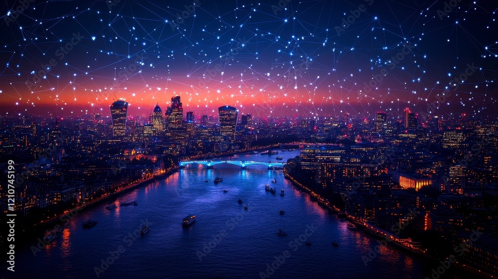 Fototapeta premium Night cityscape with network connections.