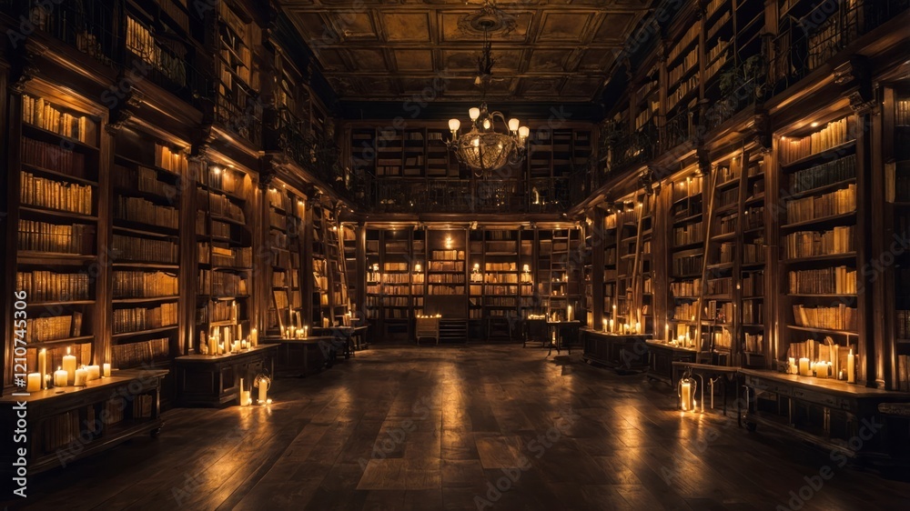 Magical library with endless shelves, glowing books, and floating candles Magical library with endless shelves, glowing books, and floating candles