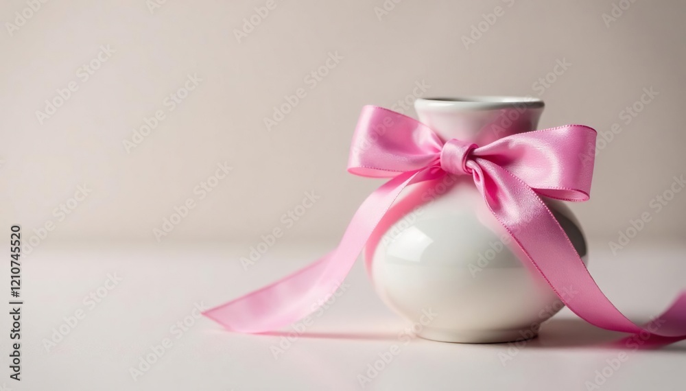 delicate pink ribbon wrapped around a small ceramic vase, decoration, pink ribbon, present delicate pink ribbon wrapped around a small ceramic vase, decoration, pink ribbon, present