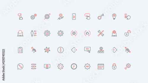 Gears of engine, workshop and maintenance service, data update process line icon set. Control config and system settings, technician fix tools thin black and red outline symbols vector illustration