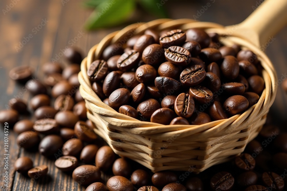 Fototapeta premium Aromatic roasted coffee beans in a woven basket, texture, spices, coffee beans