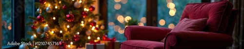 Armchair positioned in front of decorated Christmas tree with twinkling lights, decor, Christmas