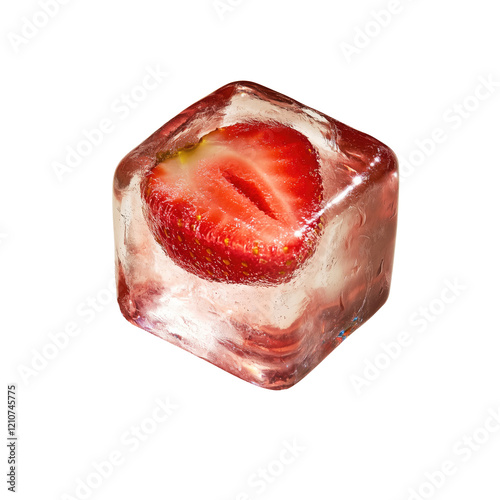strawberry inside frozen ice cube, transparent background