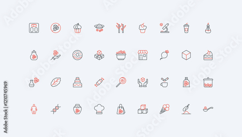 Sugar, sweet confectionery food and sweeteners line icon set. Sugar cubes, sand pile and powder, stevia plant and drugs, candy, bag and sachet thin black and red outline symbols vector illustration