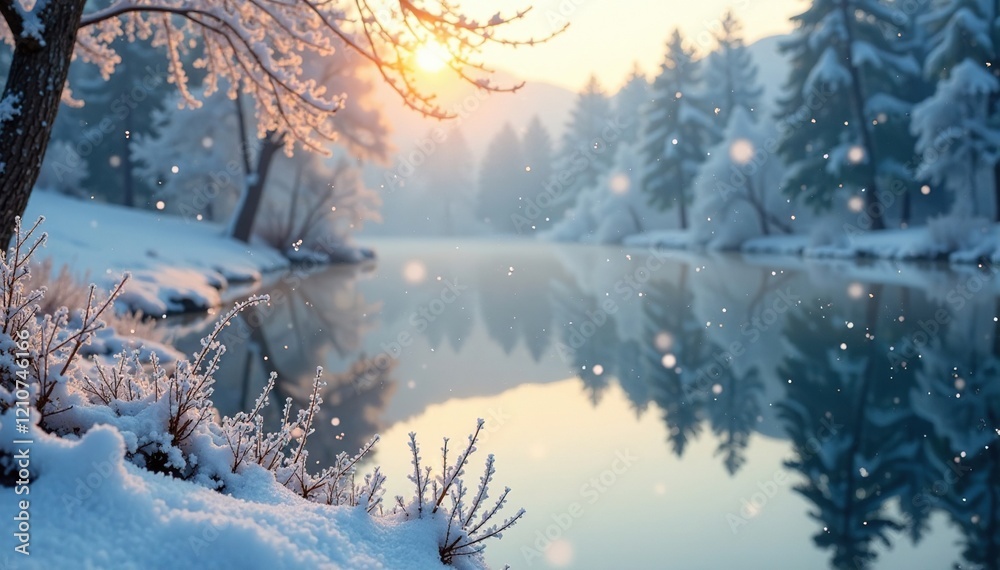 Frosty morning landscape with snowflakes gently falling on a serene lake, frost, bokeh Frosty morning landscape with snowflakes gently falling on a serene lake, frost, bokeh