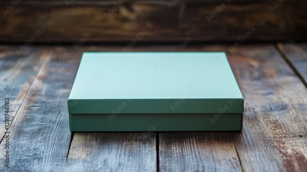 Fototapeta premium Green gift box on rustic wood, dark background