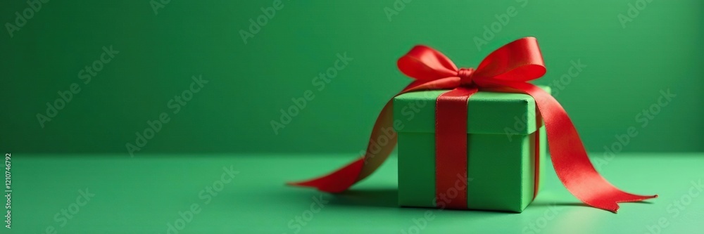 Red bow tied around a small green Christmas gift box, box, ribbon Red bow tied around a small green Christmas gift box, box, ribbon