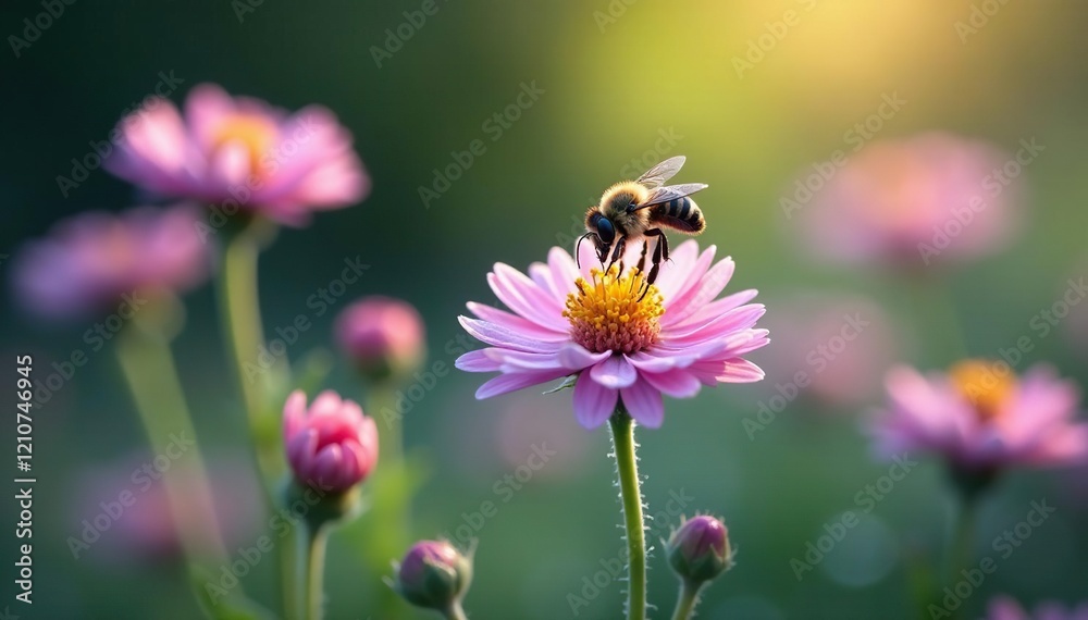 Frost aster flowers with European hornet hovering above, asters, hornets Frost aster flowers with European hornet hovering above, asters, hornets