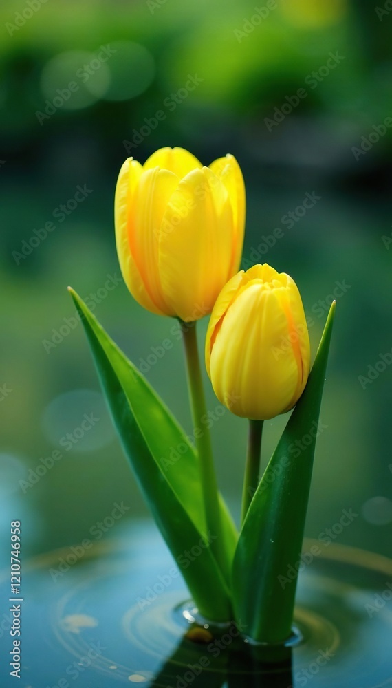 Naklejka premium Fresh yellow tulips blooming in a shallow pool of water, bloom, petals