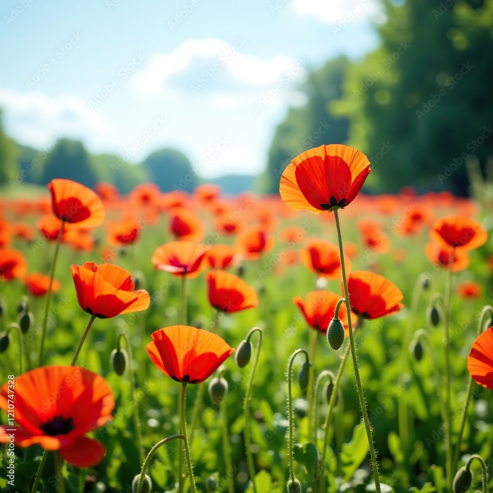 Fototapeta premium Field of bright red wild poppies swaying gently in breeze, , sunny meadow