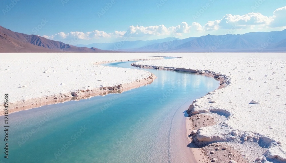 Obraz premium A creek flowing through a vast expanse of salt flats, desert, vast