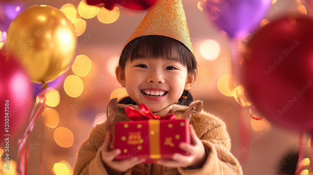 Happy child with birthday gift and balloons Happy child with birthday gift and balloons