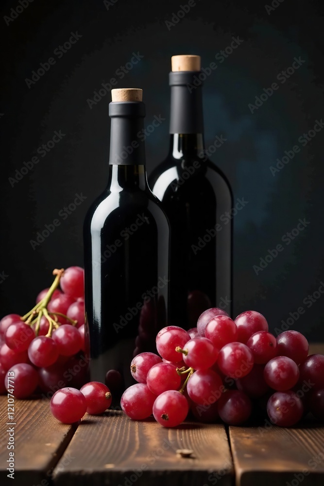 Obraz premium Dark bottles with grapes scattered on a wooden table background, table, dark