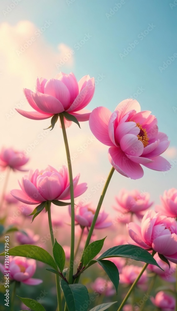 Soft pink peonies in full bloom against a gradient sky, pastel colors, warm light Soft pink peonies in full bloom against a gradient sky, pastel colors, warm light