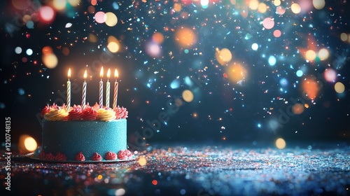 Festive dark birthday background with cake and candles, flashes of light and bokeh