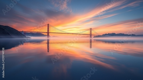 Sunset over the bay with the bridge reflecting on calm waters in a serene landscape