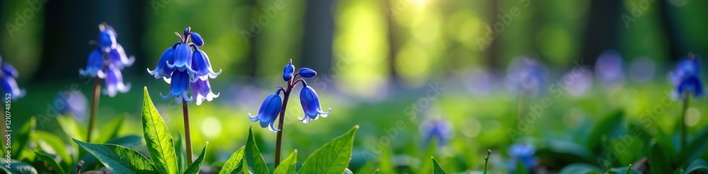 Obraz premium Delicate bluebell flowers blooming in forest floor, greens, forest
