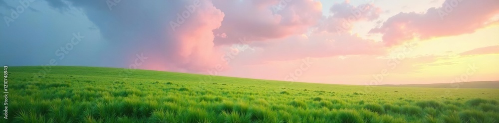 Pastel hues of rainbow spanning the sky over lush green meadow, meadow, calm, color palette Pastel hues of rainbow spanning the sky over lush green meadow, meadow, calm, color palette