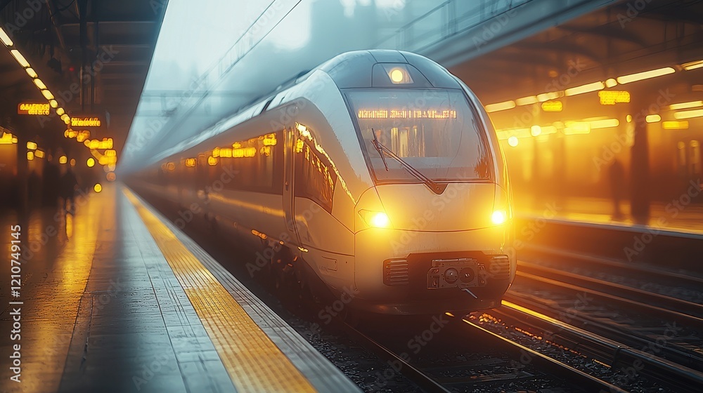 Fototapeta premium Train arriving at a foggy urban station during evening hours with glowing lights and reflections