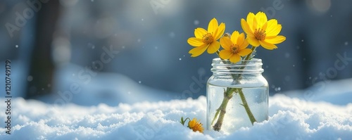 Snow-covered glass jar with yellow Winter aconite flowers, botanical photography, cold weather, snowflakes photo