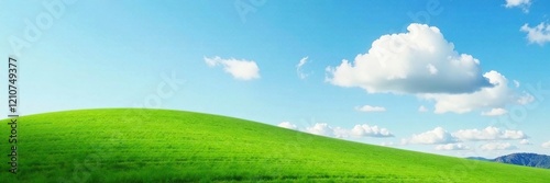 A lone white cloud drifts lazily across a rolling green hill, airy, fluffy, nature