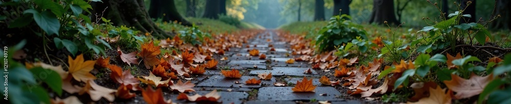 A garden path lined with smoldering leaves and twigs, garden, path, dreary A garden path lined with smoldering leaves and twigs, garden, path, dreary