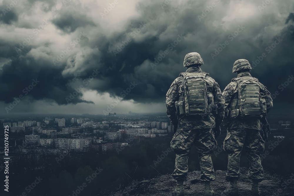 Futuristic SWAT troops in advanced tactical gear and weapons, standing in a future city setting Futuristic SWAT troops in advanced tactical gear and weapons, standing in a future city setting