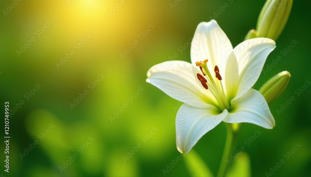 Naklejka premium Delicate white lily blooms in the warm summer sun, blossoms, summer, green
