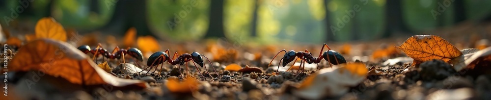 Fire ants swarm across the forest floor amidst fallen leaves, forest, tree roots Fire ants swarm across the forest floor amidst fallen leaves, forest, tree roots