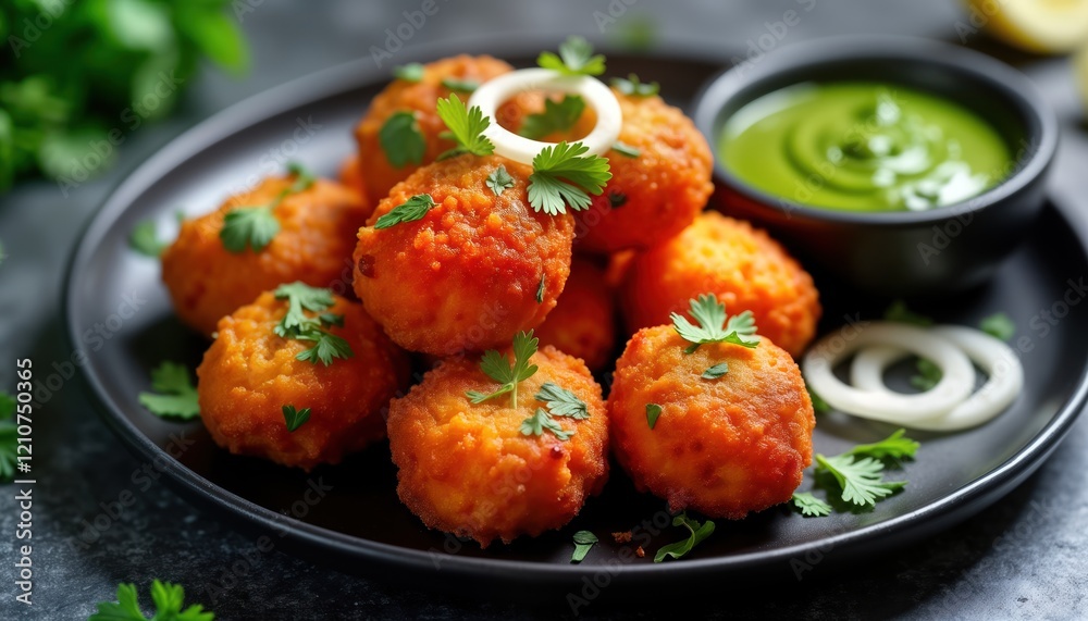 Crispy paneer pakoras served on a dark plate with green chutney and garnished with fresh herbs and sliced onions. Delicious and savory snack is presented in a homemade style. Crispy paneer pakoras served on a dark plate with green chutney and garnished with fresh herbs and sliced onions. Delicious and savory snack is presented in a homemade style.