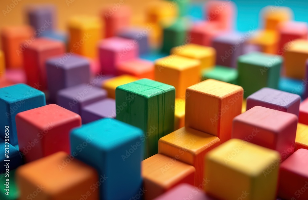 Fototapeta premium Colorful wooden blocks create vibrant structure. Interlocking shapes create playful design. Arrangement shows colorful, artistic composition. Blocks display balance, precision in placement. Image