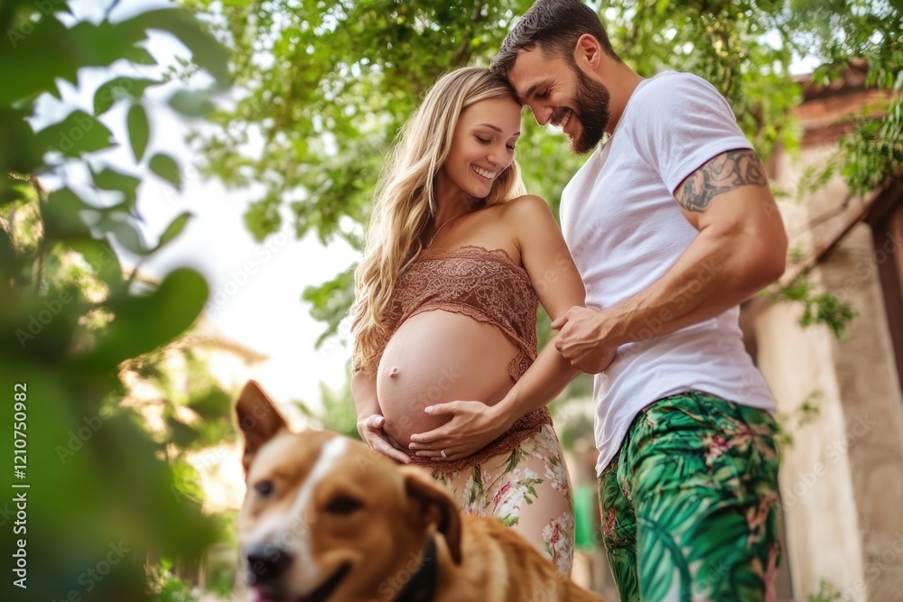 Pregnant caucasian couple enjoying nature with dog in sunny garden Pregnant caucasian couple enjoying nature with dog in sunny garden