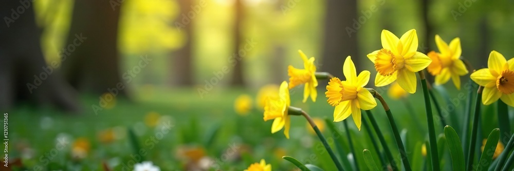 Fototapeta premium Daffodils sway gently in the spring breeze amidst forest foliage, nature, leafy branches, colorful petals