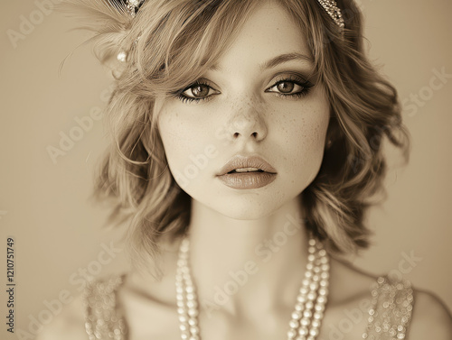 Elegant woman in vintage 1920s flapper style with pearls and feathers, captured in warm sepia tones, showcasing timeless beauty and sophistication