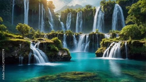 Surreal landscape with floating islands and cascading waterfalls, dreamlike atmosphere 