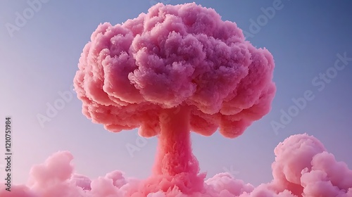 Pink nuclear explosion mushroom cloud, sky background, apocalyptic scene, concept art photo