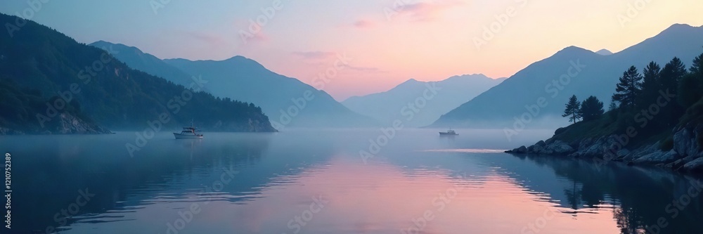 Evening mist rises over the quiet harbor and surrounding mountains, misty, calm Evening mist rises over the quiet harbor and surrounding mountains, misty, calm